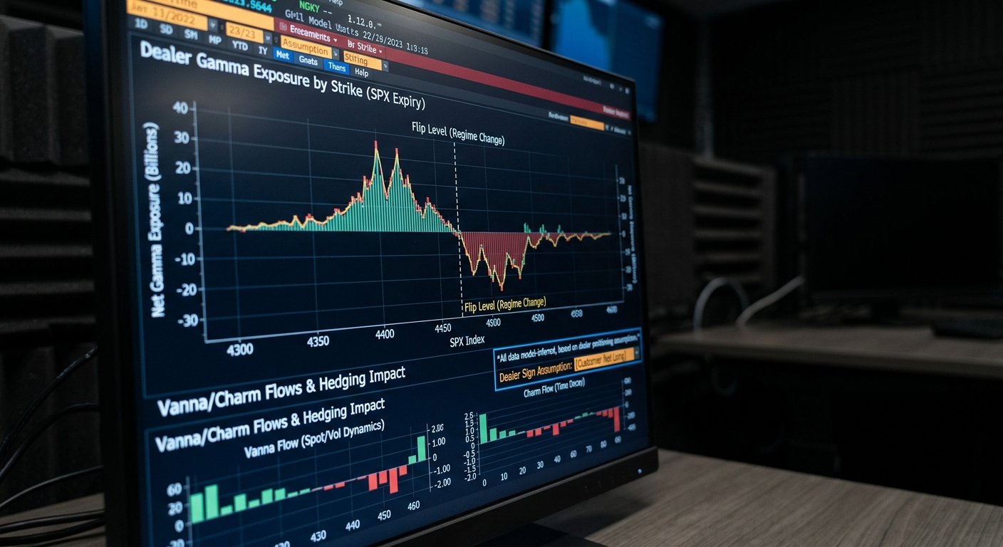 Dealer Desk — net dealer gamma exposure by strike with the flip level marked, vanna and charm flow panels, and a visible dealer sign-assumption control